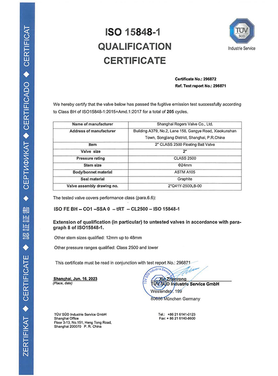 Ball valve ISO15848 certification